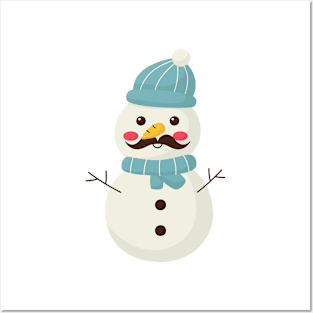 Funny Snowman With Mustache And Carrot Posters and Art